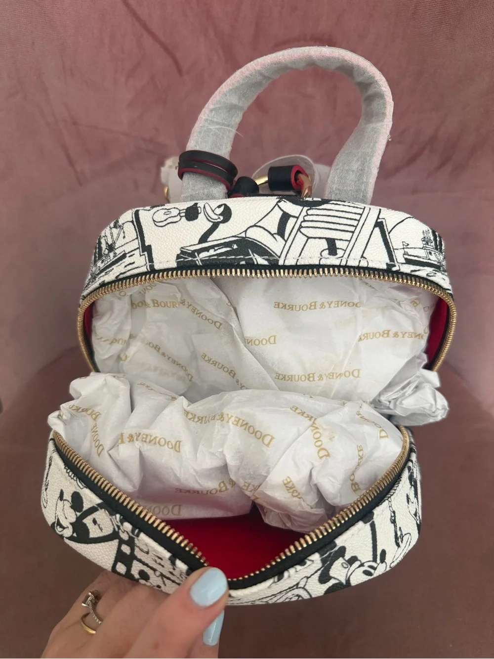 Disney Dooney and Bourke Black & White Cartoon Print Mini Backpack with Red Trim